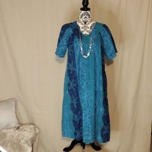 Vintage 70's Vermont Country Store Muumuu Pockets Sz S Ocean Single Stitch